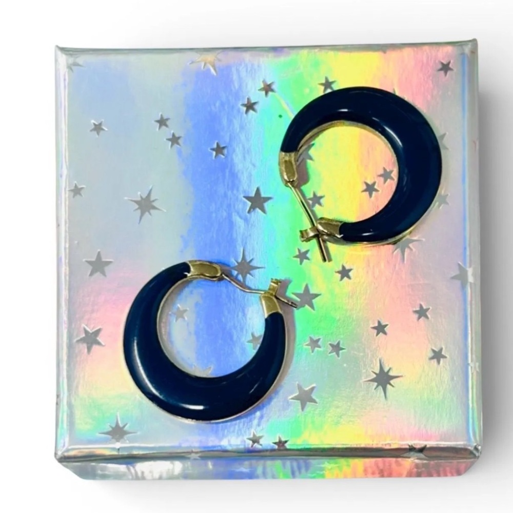 Vintage Midnight Navy Enamel & Brushed Gold Tone Hoop Earrings